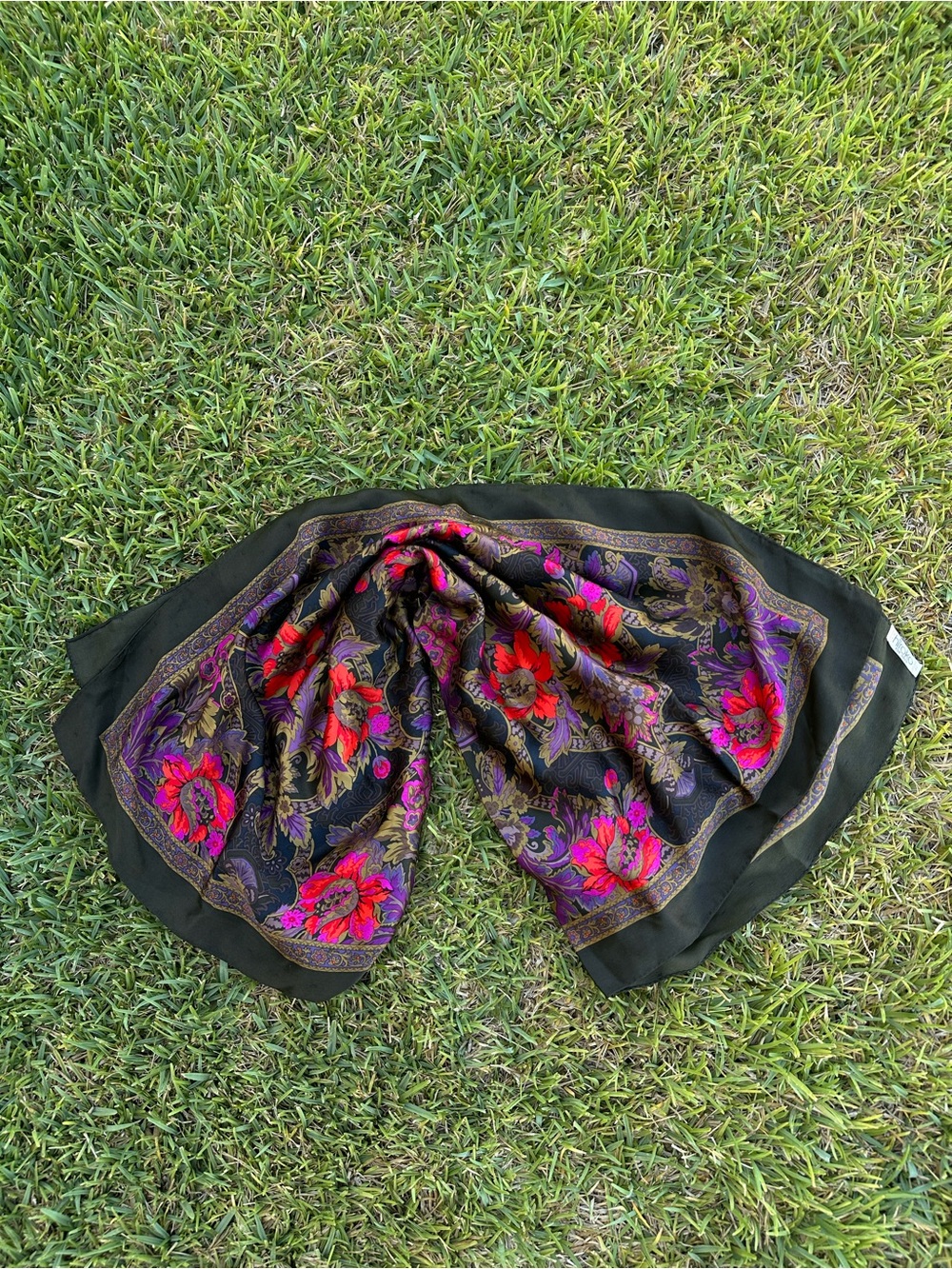 Floral Black Japanese Silk Scarf with Pink & Red Floral Design